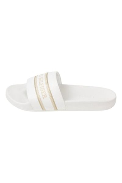 Tommy Hilfiger - Papuci cu logo brodat, Alb, Bej, 37