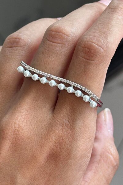 TAKIŞTIR Silver Color Pearl Detailed Double Design Ring