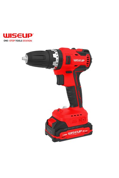 WISEUP دريل بطارية رأس بلاستيك 10MM/21V علبة كرتون تحتوي على الشاحن و 2 بطارية وحقيبة قماشية داخل العلبة