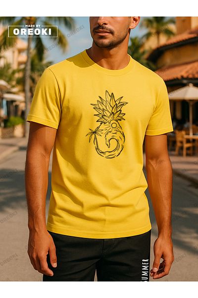 EFFRENATU Orki Summer Pineapple Men's Summer Shorts Set – Tropical Printed Yellowt-Shirt & Black Shorts