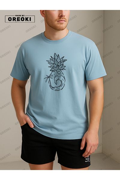EFFRENATU Orki Summer Pineapple Men's Summer Shorts Set – Tropical Printed Light Blue T-Shirt & Black Shorts