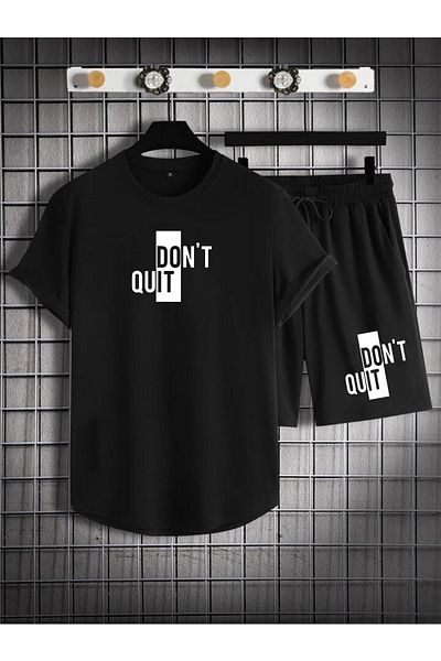 dont quıt Set de 2 pantaloni scurți și tricou pentru bărbați, negri, cu tăietură ovală, LOGO DONT QUIT