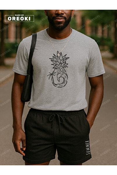 EFFRENATU Orki Summer Pineapple Men's Summer Shorts Set – Tropical Printed Gray T-Shirt & Black Shorts