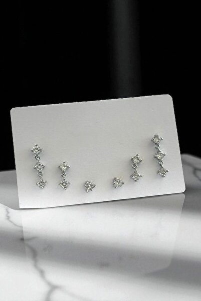 TAKIŞTIR Silver Color Stone Detailed 6-Piece Earring Set