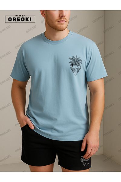 EFFRENATU Orki Tropical Diamond Men's Summer Shorts Set – Palm Printed Light Blue T-Shirt & Black Shorts