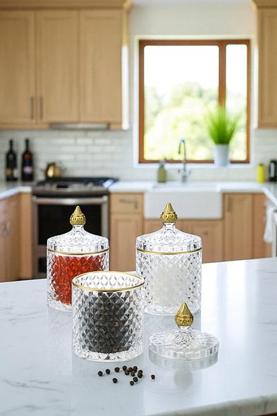 TrendDeco 3-Piece Gold Gilded Glass Spice Rack Set with Lid Glass Spice Set Medium Size