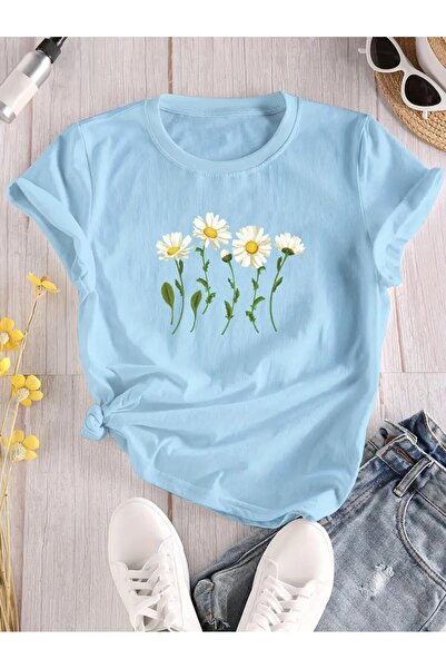 VOICTEC Γυναικείο μπλουζάκι Oversize Daisy Print Crew Neck