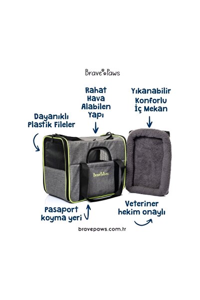 BRAVE PAWS Kedi Köpek Taşıma Çantası Kare Model Yırtılmaz Plastik Fileli Gri