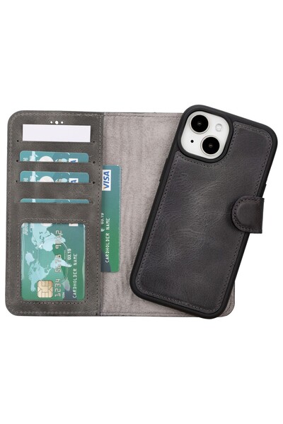 PLM حافظة محفظة جلدية متوافقة مع هاتف iPhone 15 MWWN VS4EF باللون الرمادي