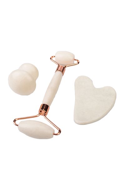 METATRON mT Set 3 piese din jad alb: rolă dublă, Gua Sha și piatră în formă de ciupercă, pentru masaj facial