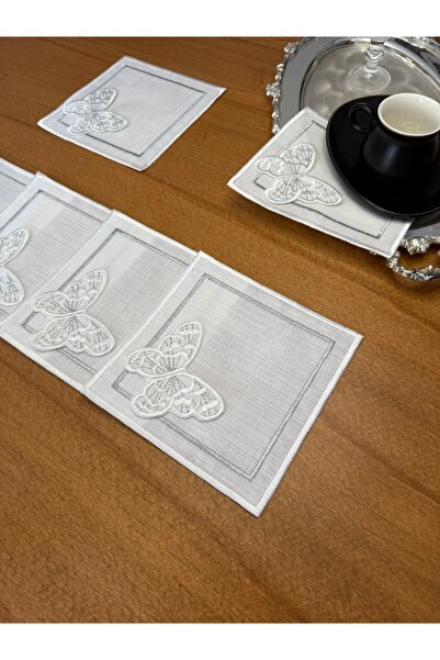 Smiling Home 6 Pieces Ecru Color Linen Double Row Embroidered Inner Wrap Silver Mobile Butterfly Cocktail Presentation Napkin