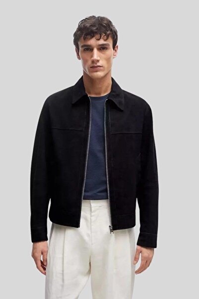 BOSS Hakiki Deri Süet Regular Fit Bomber Erkek Ceket Lacivert 404