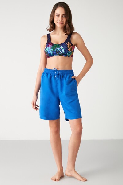 Kom Achai Beli Lastikli Uzun Deniz Şort Saks Rengi