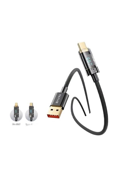 Bavin Cablu de date cu încărcare rapidă CB309, USB-A la USB-C, 66W, 1,2 m, afișaj digital, negru