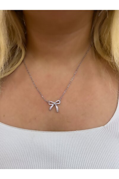 Hicrans Takı TAŞLI FİYONK KURDELE MODEL GÜMÜŞ RENK ÇELİK KOLYE