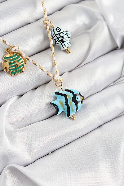 Clariss Ceramic Motif Fish Figured Model Cream Thread Women's Necklace
