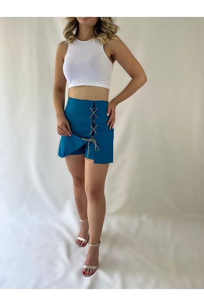 MRV DESIGN Blue Woven Shorts Skirt with Back Skirt Look and Lace