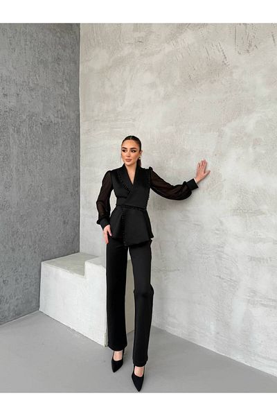 369 etnik butik Pearl Detailed Chiffon Sleeve Satin Look Suit – Black & Ecru Color Options