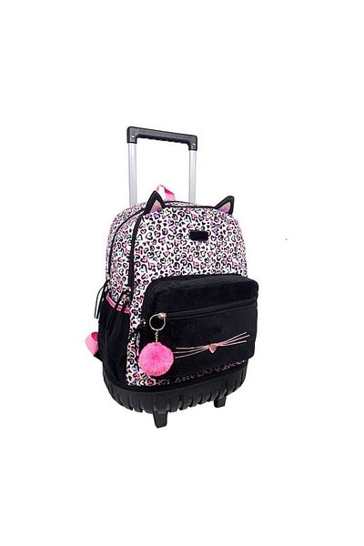 TRINAR Rucsac tip troler pentru școală, negru-multicolor, model cu mustăți de pisică, 34x23x50 cm