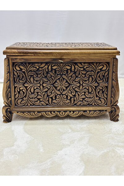 Arıkmert El Sanatları Maraş El Oyma Ceviz Ahşap Çeyiz Sandığı – 68x40x48 cm Orta Boy Sandık | Erva Eskitme Model