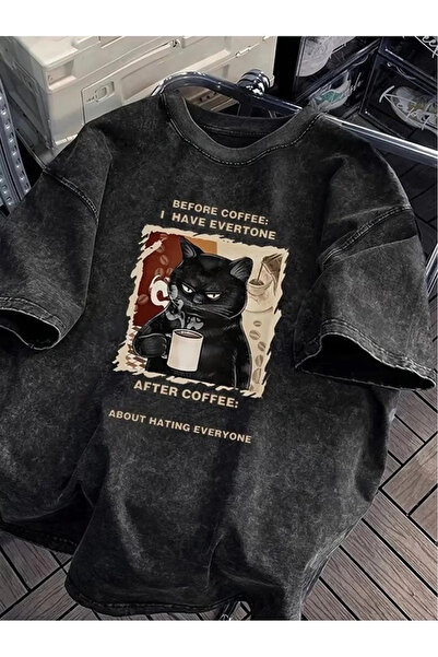 Bravebell Tricou oversize unisex vintage lavabil cu imprimeu Coffe Cat