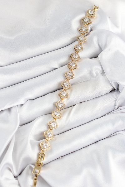Clariss Brass Zircon Stone Clover Baguette Model Gold Color Vip Series Women's Bracelet