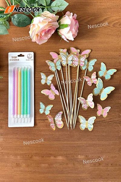 nescook 6 Colorful Birthday Cake Candles + Paper Butterfly Ornament