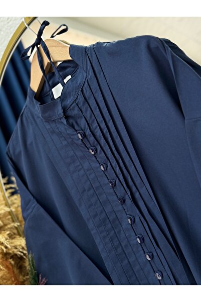 BENAHOLL Maruna Poplin Pileli Düğmeli Elbise-NA2404 Lacivert