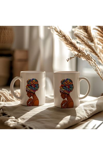 BB TRADE White Ceramic Printed Mug with Afro Woman Design 330ml
