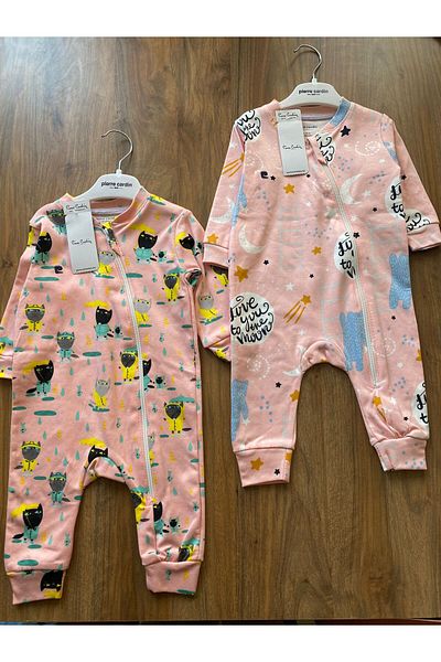 Pierre Cardin Patterned Zippered Long Sleeve 2-Piece Baby Romper Set