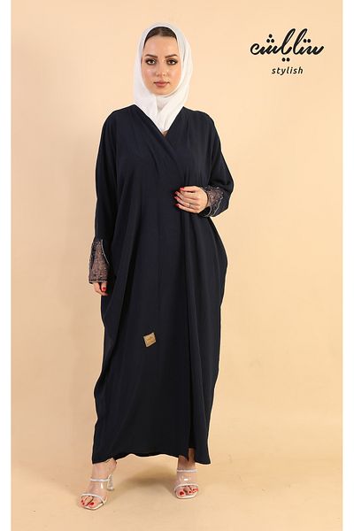 Stylish Navy blue crepe wrap abaya decorated with lace