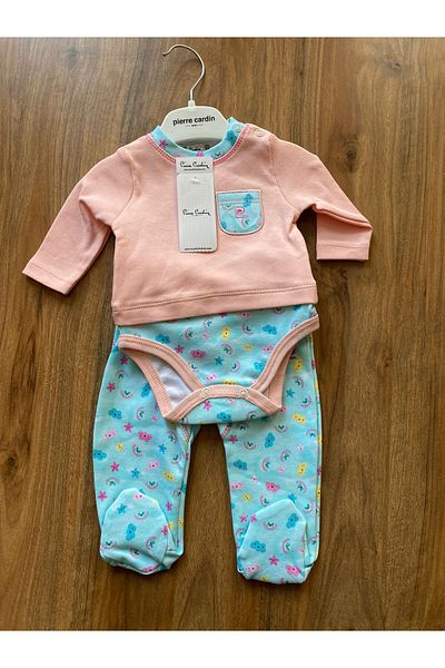 Pierre Cardin 100% Cotton Patterned Snap Fastener Long Sleeve Top with Booties Bottom Baby Set