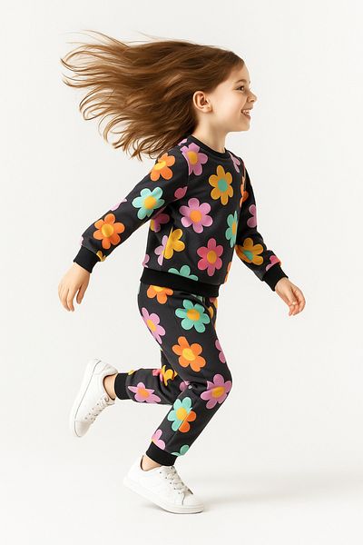 MAXI DRY Long Sleeve Seasonal Girl's Double Bottom Top Set with Flower Pattern
