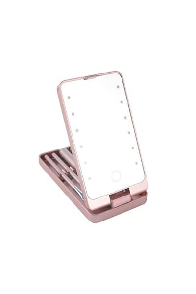 OEM Oglindă de machiaj portabilă cu 5 perii, iluminare LED, 9 x 16 x 2,5 cm, roz