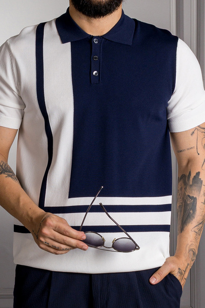 Sarar Επισκέψτε το μπλουζάκι Polo Neck Rayon Slim Knitwear Navy Blue White