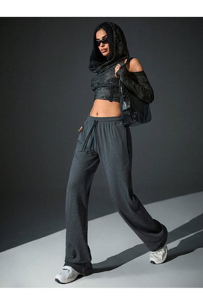 Miyalon Pantaloni de sport casual pentru femei, cu șireturi, gri, din țesătură cu dungi