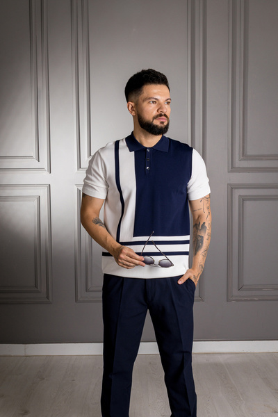 Sarar Επισκέψτε το μπλουζάκι Polo Neck Rayon Slim Knitwear Navy Blue White