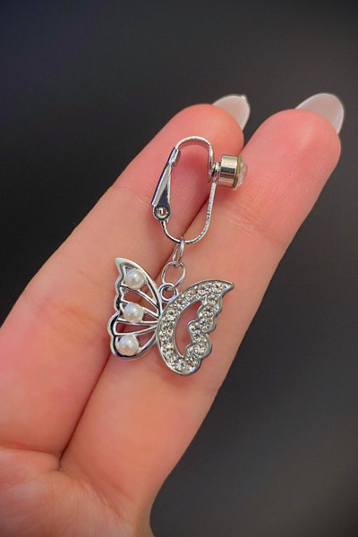 Blisse Piercing Kadın Çelik Zirkon Taşlı İncili Kelebek Sıkıştırma Deliksiz G...