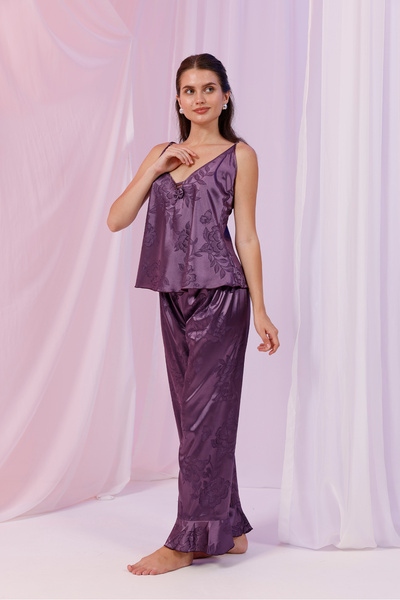 Yulem Homewear Purple Satin and Tulle Detailed 3-Piece Dressing Gown Pajama Set