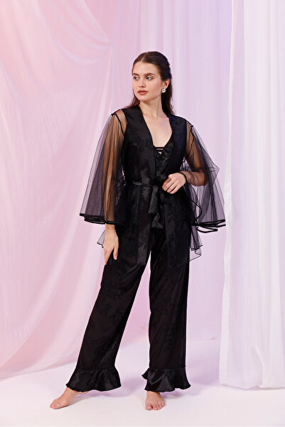 Yulem Homewear Black Satin and Tulle Detailed 3-Piece Dressing Gown Pajama Set