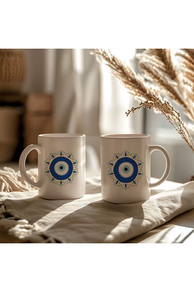BB TRADE White Ceramic Printed Mug with Evil Eye Bead Design 330ml