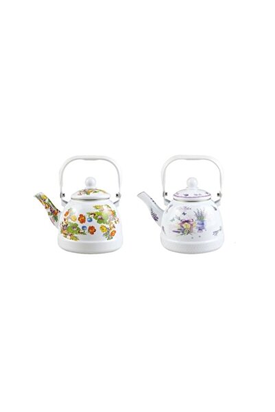 OEM Set 2 Enameled Teapot, Capacity 1.6 Liters White/Flowers/Lavender