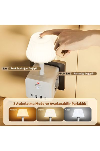 Hırdavat Thermal Current Protected 3-Plus Socket 3X USB 1X Type-C Adjustable Light and Colorful Night Light