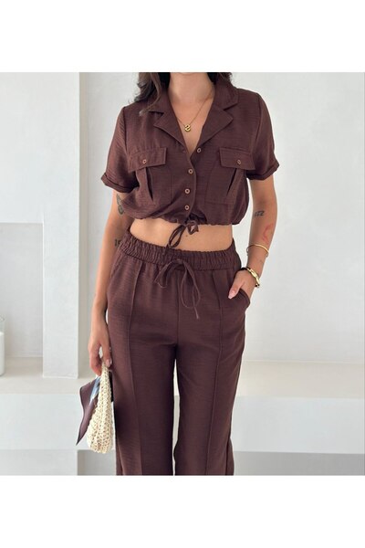 MSN Linen Fabric Oversize Shirt & Trousers Double Set-Brown-Ww4154