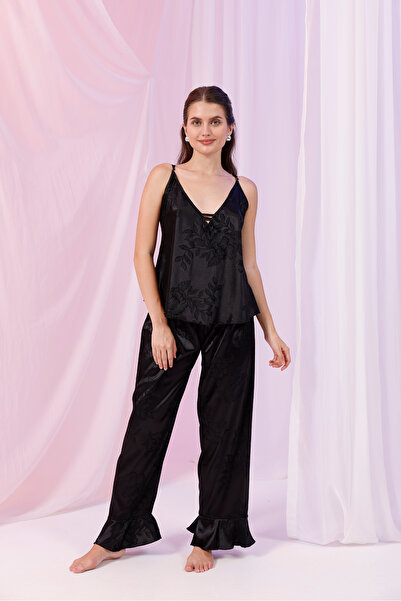 Yulem Homewear Black Satin and Tulle Detailed 3-Piece Dressing Gown Pajama Set