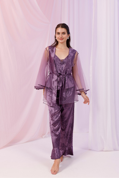 Yulem Homewear Purple Satin and Tulle Detailed 3-Piece Dressing Gown Pajama Set
