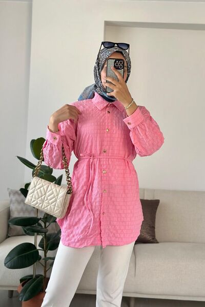 HİFADEN Women's Tokyo Fabric Mobile Belted Gold Buttoned Long Sleeve Hijab Shirt