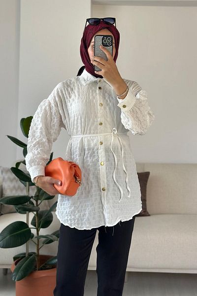 HİFADEN Women's Tokyo Fabric Mobile Belted Gold Buttoned Long Sleeve Hijab Shirt