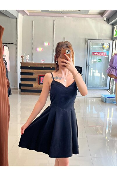 Sublime Butik Kadın Yazlık Pileli Askılı Şık Siyah Elbise