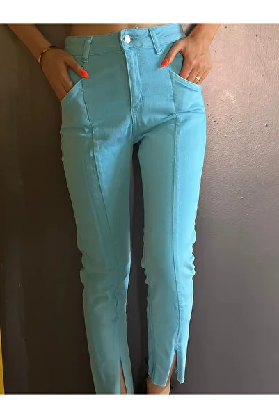 Gönülden Tasarım Blue Slit Leg Lycra Women's Pants